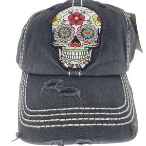 KBETHOS‎ Floral Sugar Skull Embroidered Baseball Cap Distressed Black NWT